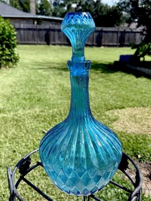 Botella óptica jarra Genie de vidrio AZUL VERDE AZULADO MCM Diamond Empoli Italia 13 1/2" de colección Foto 1 de 3