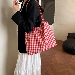 Bow Tie Design Plaid Tote Bags Korean Shopping Bag for Women - Picture 1 of 16
