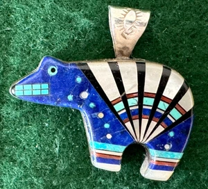 Sterling Silver Zuni Turquoise Shell Inlay Bear Pendant 11 Grams 1 3/8" - Picture 1 of 8