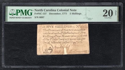 NC-137 DECEMBER, 1771 5s FIVE SHILLINGS NORTH CAROLINA COLONIAL NOTE PMG VF-20 - Image 1 of 2