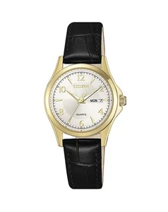 Citizen Women's Quartz Watch | Textured Black Leather Strap, Gold-Tone Case - Picture 1 of 2