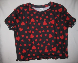 Shein girls 11-12yrs heart print lettuce trim crop tee black nip kawaii - Picture 1 of 2