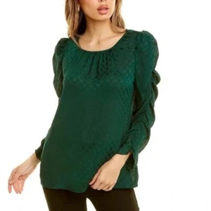 Max Studio Jacquard Shine Polka Dot Puff Sleeve Blouse NWOT Hunter Green Sz M - Picture 1 of 7