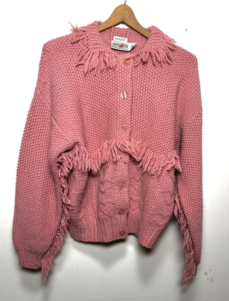 Suéter De Colección Años 90 Tejido a Mano Lana Flecos M Rosa Grueso Tejido Boho Festival Cárdigan Foto 1 de 4
