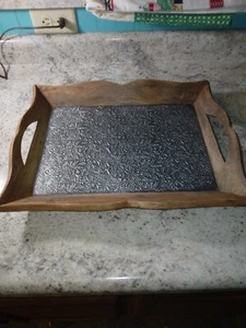 Beautiful wood serving tray with embossed metal flowers floral top Charcuterie  - Picture 1 of 7
