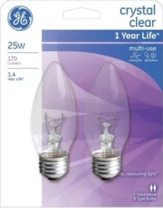 GE 25 Watt B Type Crystal Clear Multi-Use Light Bulbs 170 Lumens 76384 2-Bulb - Picture 1 of 1