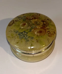 Alabaster Hand Carved In Italy Trinket Box. Hinged Lid. Yellow With Roses - Picture 1 of 5