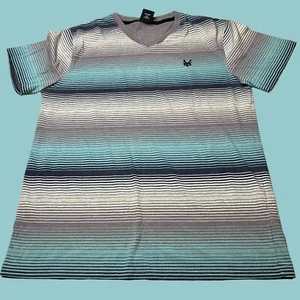 Zoo York Shirt Mens Medium M White Blue Striped Black Logo V Neck Comfort Y2K - Picture 1 of 6