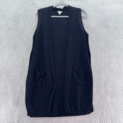 J Jill Cardigan Womens LP Black Linen Knit Open Front Pockets Sleeveless Casual - Image 1 of 4