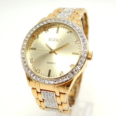 Elgin Mens Gold Tone Gem Set Large 46mm Watch Stainless Steel with New Battery - Image 1 of 4