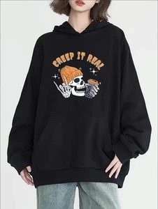 Skull Print Kangaroo Pocket Hoodie, Casual Long Sleeve Hoodies Sweatshirt, Women - Picture 1 of 7