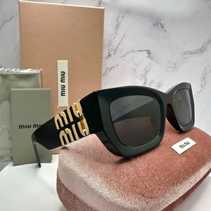 MIU MIU Sunglasses New Black Acetate Gold Metal Logo Square Cat Eye Authentic - Picture 1 of 16