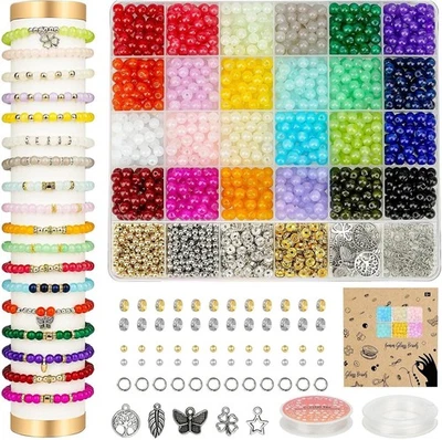 Kit para hacer pulseras de cuentas de vidrio de 6 mm 1400 piezas, cuentas de cristal de 24 colores para joyería Foto 1 de 4