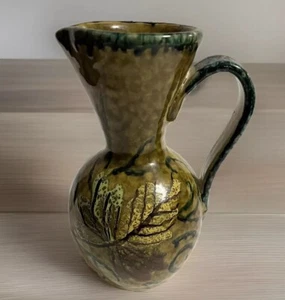 Vintage Italian Majolica Pottery GREEN Pitcher Leaf design Hand Painted Italy 7" - Picture 1 of 13