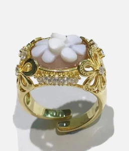 Anello cameo naturale inciso a mano argento 925 placcato oro giallo regolabile - Foto 1 di 6
