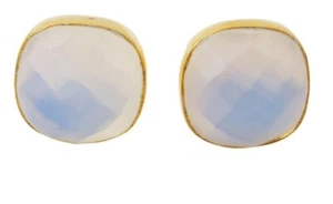 New Handmade White Opal Cushion Cut 18k Gold Plated on Silver Stud Earrings - Picture 1 of 2