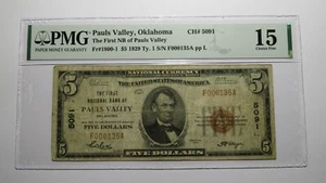 $5 1929 Pauls Valley Oklahoma OK National Currency Bank Note Bill Ch #5091 F15 - Picture 1 of 4