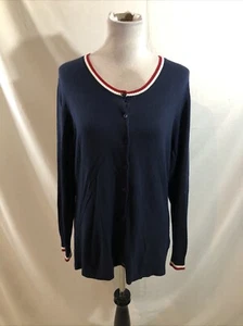 Gap Navy Button Up Cardigan Sweater, Red & White Trim - Womens XL, Bust 20” - Picture 1 of 4