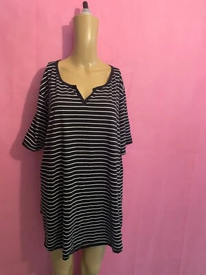 JMS Just My Style Women Black Cotton V-Neck Striped Short Sleeves Blouse Size 4X - Image 1 of 4
