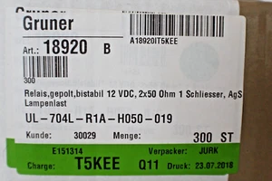 Gruner 704L-R1A-H050 relé 12 VDC, POLAR, BIESTABLE, 1 NO, CARGA DE LÁMPARA CERTIFICADO UL - Imagen 1 de 20