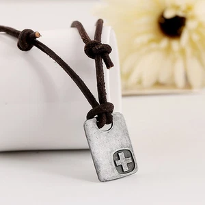 New Men Handmade Brown Leather Surfer Necklace Vintage Metal Cross Plate Pendant - Picture 1 of 3