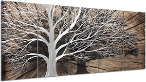 Arte de pared de metal de árbol de plata 3D molienda manual aluminio marrón rústico imagen de 5 paneles - Imagen 1 de 12