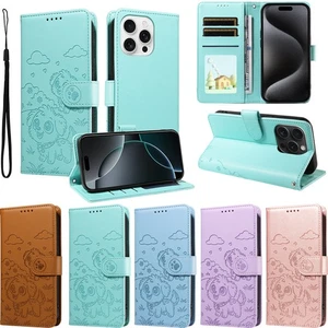 Dog Embossing Leather Wallet Phone Cover For iPhone 17 16 16E 15 14 13 12 8 XS - Picture 1 of 15