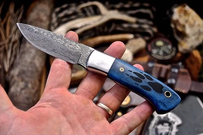 CFK Handmade Custom Damascus WOLF PAW SCRIMSHAW BONE Small Hunting Sport Knife - Image 1 of 4