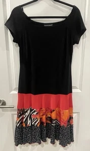 NWT Black Dress With Colorfull Patterns Ruffle Skirt Size 8 Chic Frank Lyman - Picture 1 of 12