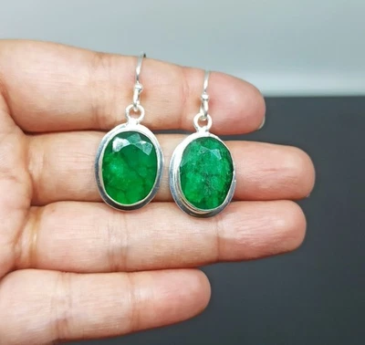 Emerald Dyed Gemstone Earring 925 Sterling Silver Handmade Jewelry -1.50" - Image 1 of 2