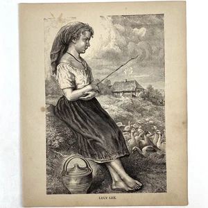 Antica incisione 1879 Lucy Lee ragazza contadina vecchia stampa artistica 1800 anatre oche - Foto 1 di 3