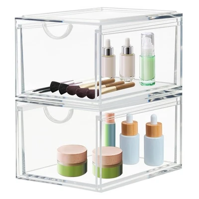 Paquete de 2 cajones organizadores de cosméticos de acrílico transparente apilables caja de almacenamiento de maquillaje Foto 1 de 4