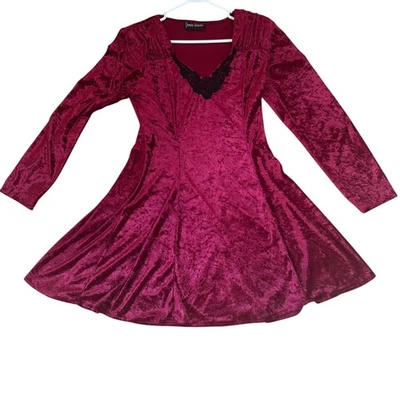 Vtg Jamie Brooke 90s Y2K Crushed Velvet Mini Dress Burgundy Black Lace Trim - Image 1 of 4