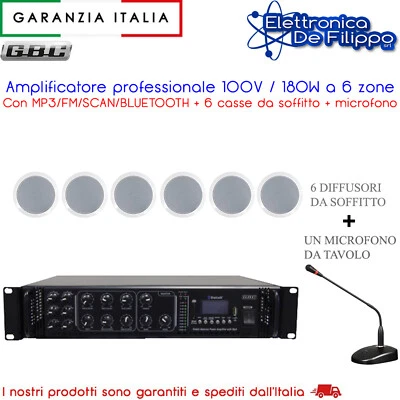 AMPLIFICATORE PROFESSIONALE 100V 180W 6 ZONE MP3 BT CON 6 CASSE E MICROFONO - Immagine 1 di 4