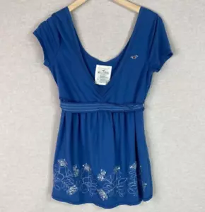 Top babydoll vintage Hollister donna Y2K taglia L ricamato fiori cravatta schiena paillettes - Foto 1 di 10