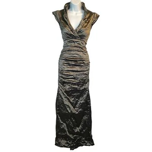 Nicole Miller Metallic Taffeta Crinkle Stretch Mermaid V-Neck Gown Green 2 - Picture 1 of 14