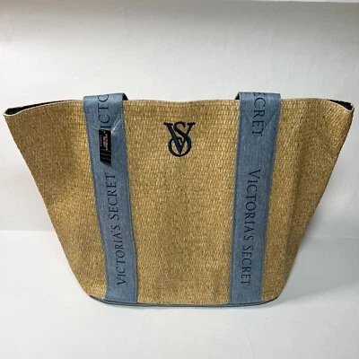 Victoria Secret Beach Tote Bag Pool Straw Raffia Woven Beige Blue Logo Large - Image 1 of 4