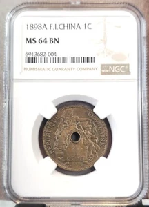 1898 FRENCH INDO CHINA 1 CENT FRENCH LIBERTY & NATIVE WOMAN NGC MS 64 BN SCARCE - Picture 1 of 3