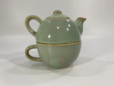 PIER 1 Soft Green Stoneware Tea for 1 Teapot w Mug Stackable 3 Piece Set EUC - Image 1 of 4