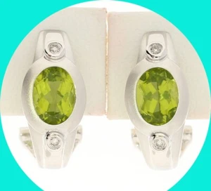 Diamond Peridot Etruscan Style J Hoop Earrings 3.95CT  14K WG   11/16” Long - Picture 1 of 7