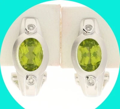 Diamond Peridot Etruscan Style J Hoop Earrings 3.95CT  14K WG   11/16” Long - Image 1 of 4