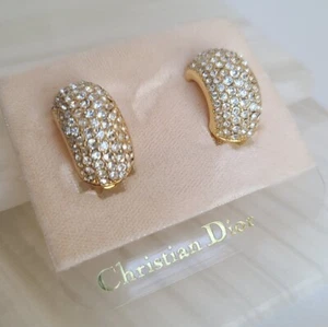 CHRISTIAN DIOR Gold Plate Earrings Rhinestones Clip-On Earrings Vintage New  - Picture 1 of 8