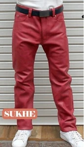 Herren Echt Rot Leder Hose Fünf Taschen Jeans Stil Freizeit Biker Hose Neu - Bild 1 von 2