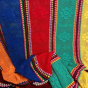 Vintage Knitted Multicolour Stripe / Tassel  / Crochet Wool Blanket / Bedspread