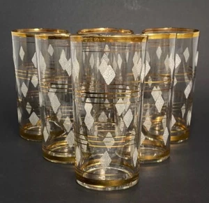 6 Vintage Longdrinkgläser Cocktail Gläser Becher 5,25" Gold Streifen weiße Diamanten MCM - Bild 1 von 24