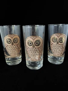 Set of 3 MCM Vintage Georges Briard Brown/Gold Highball Owl Glasses Signed - Picture 1 of 7