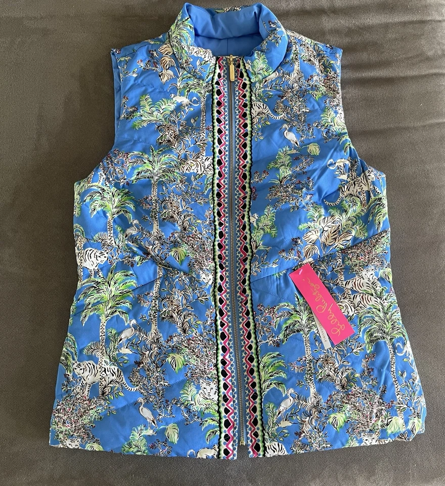 NUEVO CON ETIQUETAS LILLY PULITZER Deanne Chaleco de Plumón Reversible Azul Cardo Tigre Reina GRANDE Foto 1 de 1