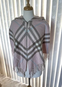 Burberry Pink Tan Plaid Fringe Poncho Cape With Hood Wool Youth Kid Small Adult - Picture 1 of 10