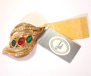 Vintage Christian Dior Gold-Tone Cabochon Gripoix Glass Pave Crystals Pin w Tag - Picture 1 of 9
