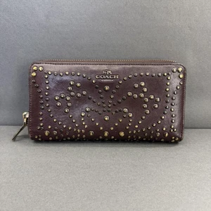 Coach Wallet Womens Oxblood Leather Accordion Zip Around Rivets Studded Brass - Picture 1 of 7